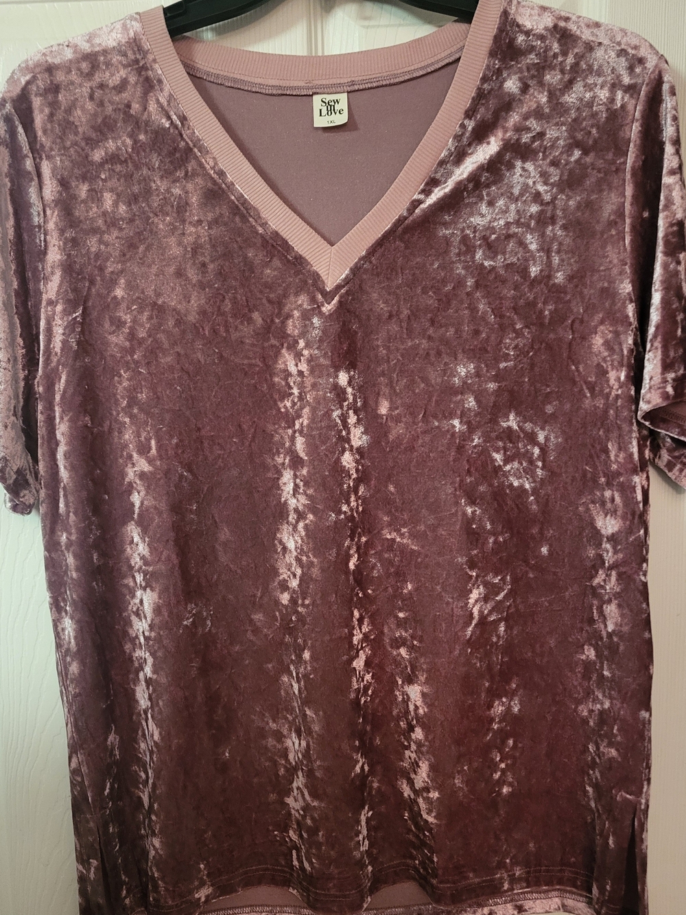 Sew In Love Crushed Velvet V-Neck Short Sleeve Top - Dusty Mauve